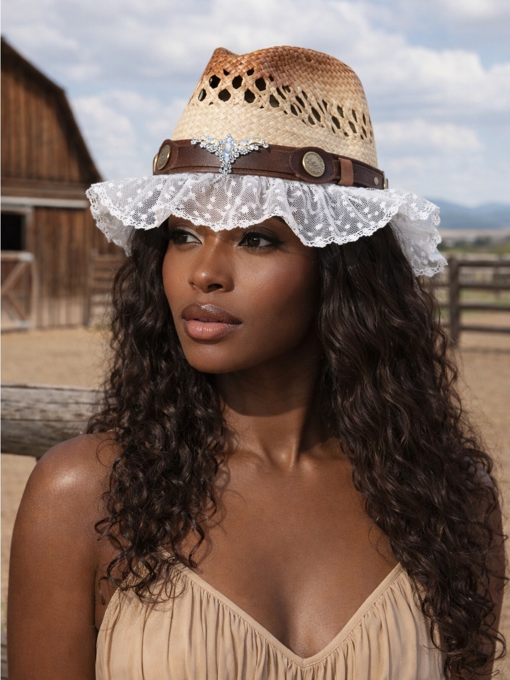 Straw Lace-Trim Western Sun Hat - Beige